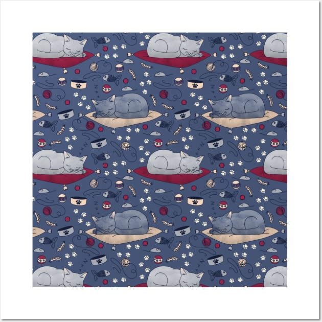 Sleepy Cat Dreams Pattern, Blue Grey Wall Art by tanyadraws